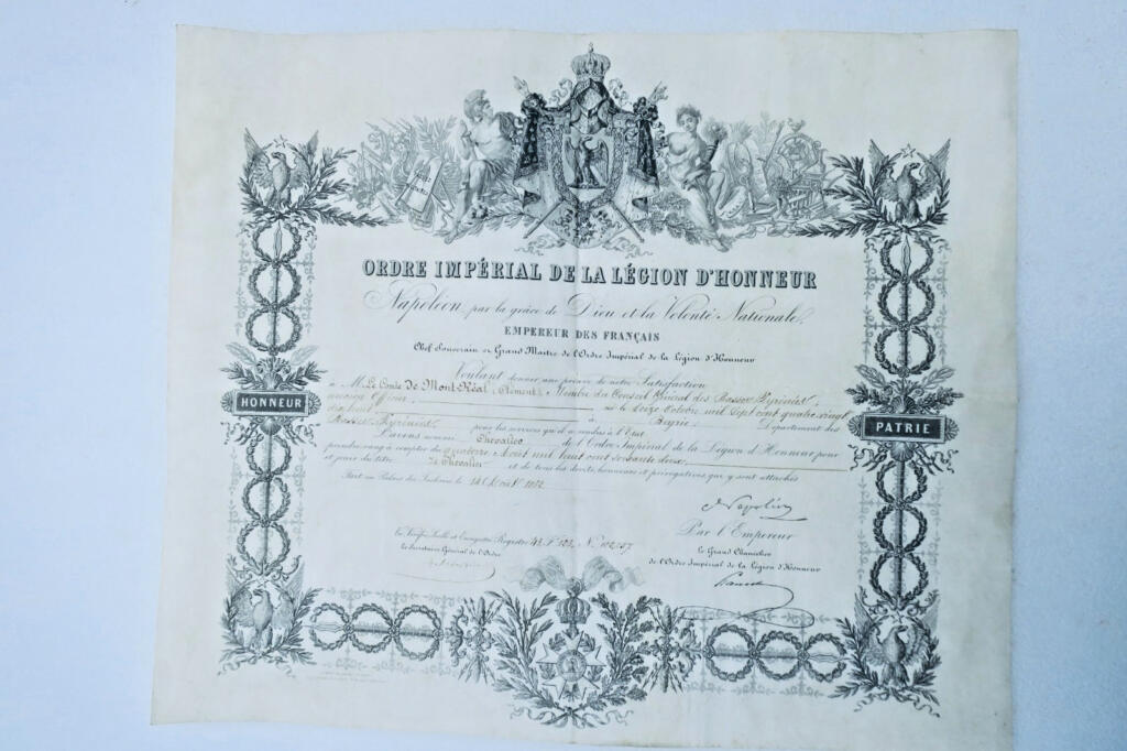 LÉGION D&rsquo;HONNEUR ordre impérial parchemin 1862 chevalier Comte de Saint-Réal