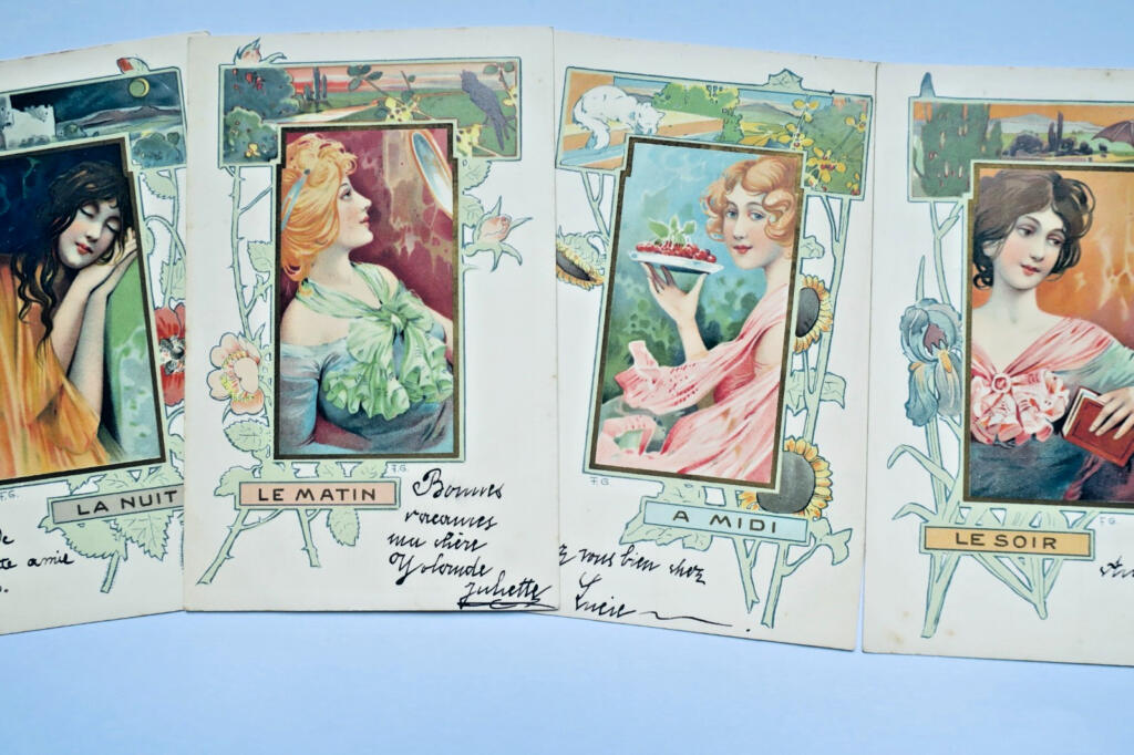 art nouveau jeune femme illustré par F. G. matin, midi, soir, nuit 1902