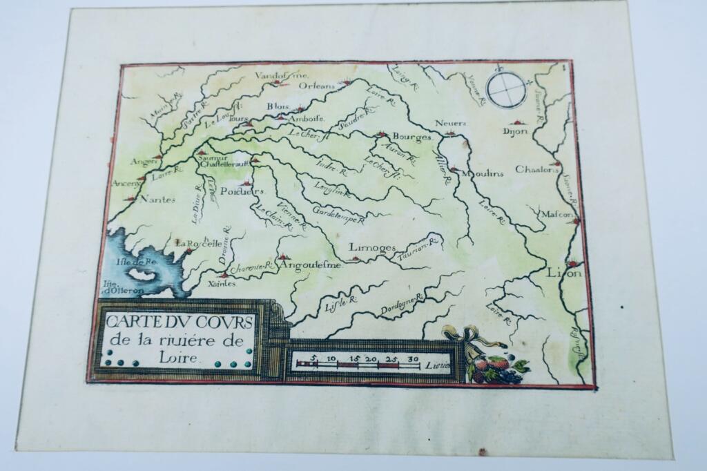 Loire River Course Map, 17th Century Hand-Colored