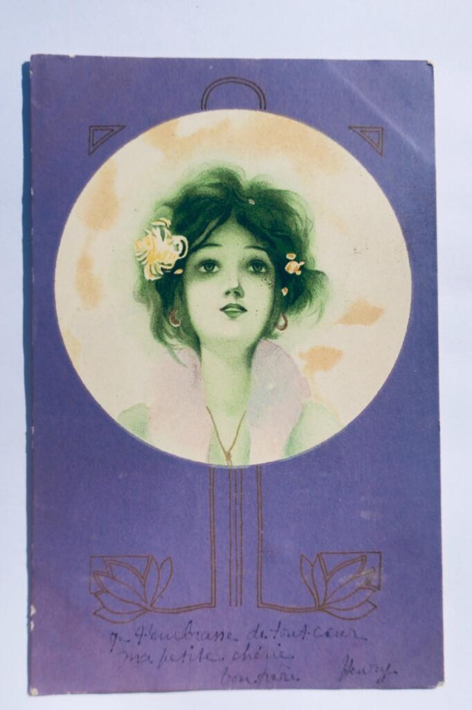 Raphael Kirchner jeune femme brune aux fleurs