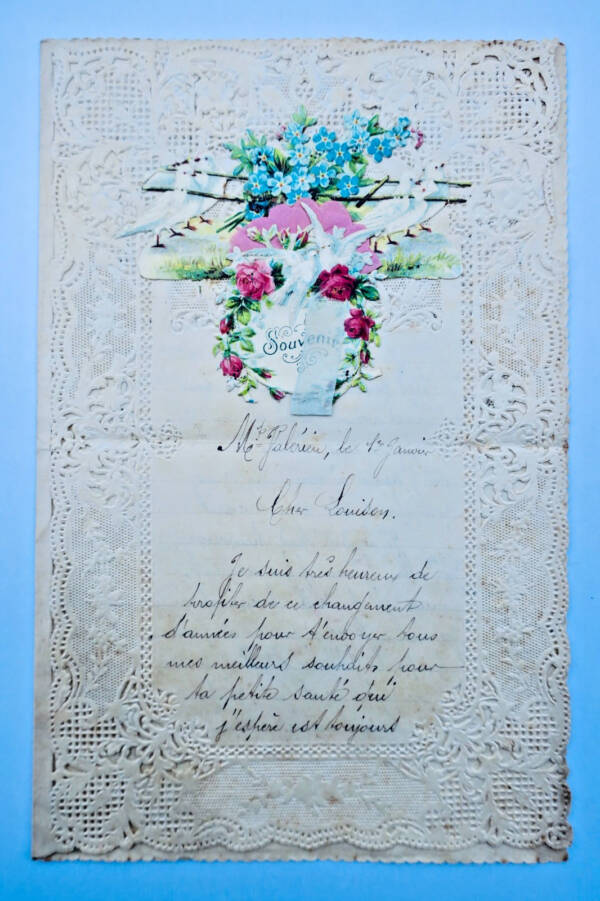 Lettre jolie lettre richement ouvragée & gaufrée en marge BELLE EPOQUE Nouvel An