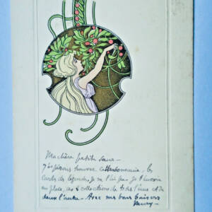 art nouveau jeune femme carte gaufrée et dorée