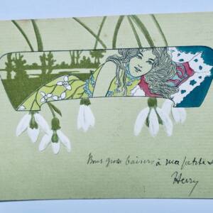 art nouveau jeune femme fleurs peintes et gaufrées