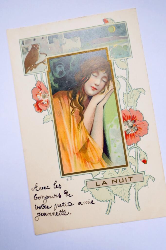 art nouveau jeune femme illustré par F. G. matin, midi, soir, nuit 1902