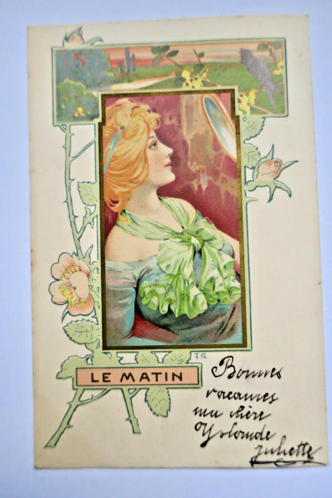 art nouveau jeune femme illustré par F. G. matin, midi, soir, nuit 1902
