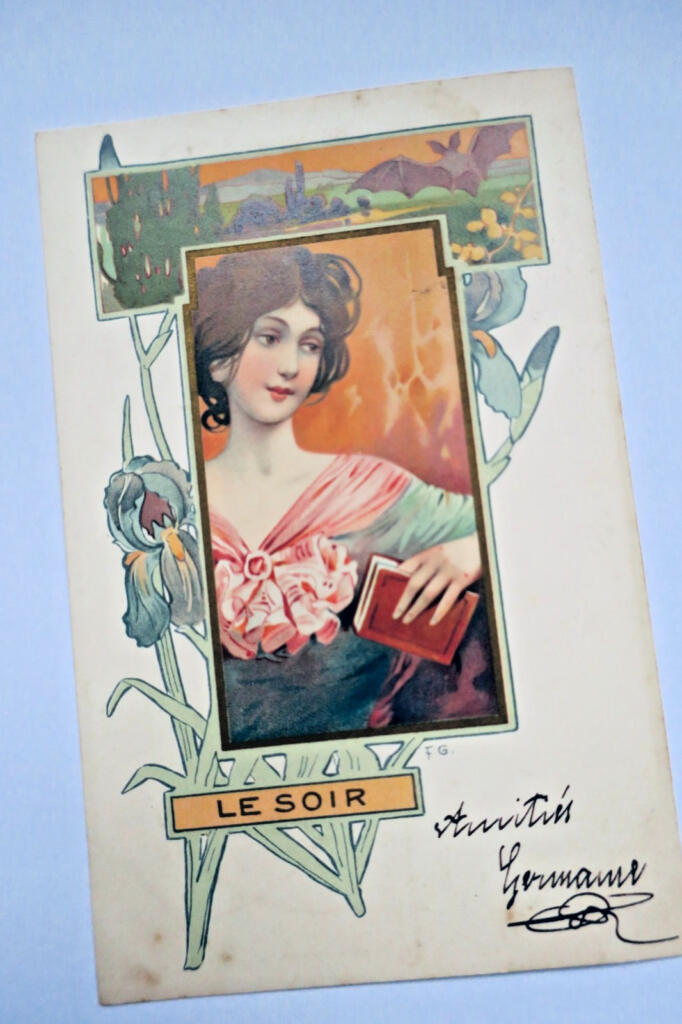 art nouveau jeune femme illustré par F. G. matin, midi, soir, nuit 1902