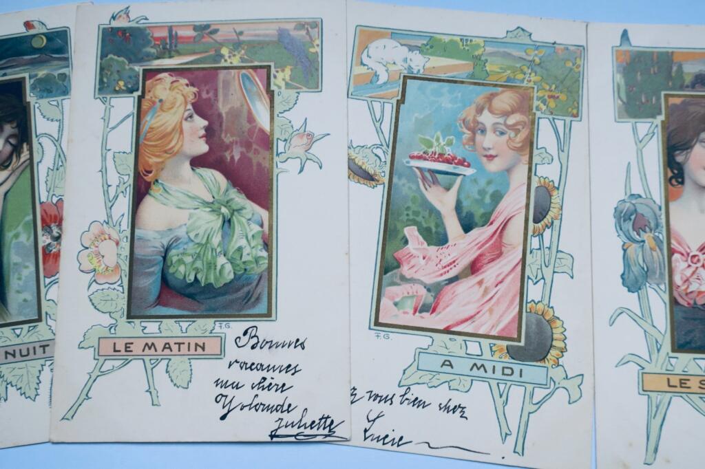 art nouveau jeune femme illustré par F. G. matin, midi, soir, nuit 1902