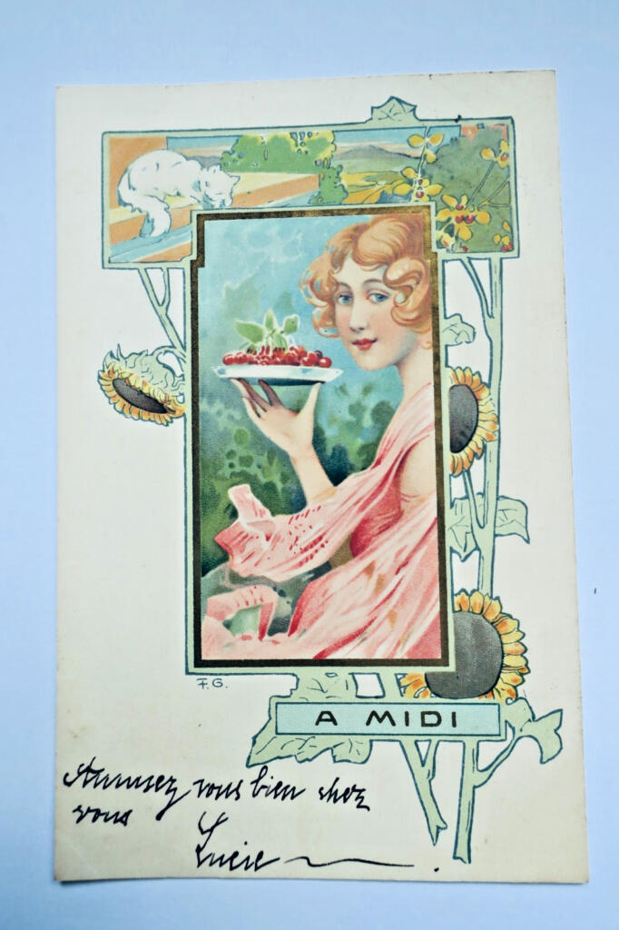 art nouveau jeune femme illustré par F. G. matin, midi, soir, nuit 1902