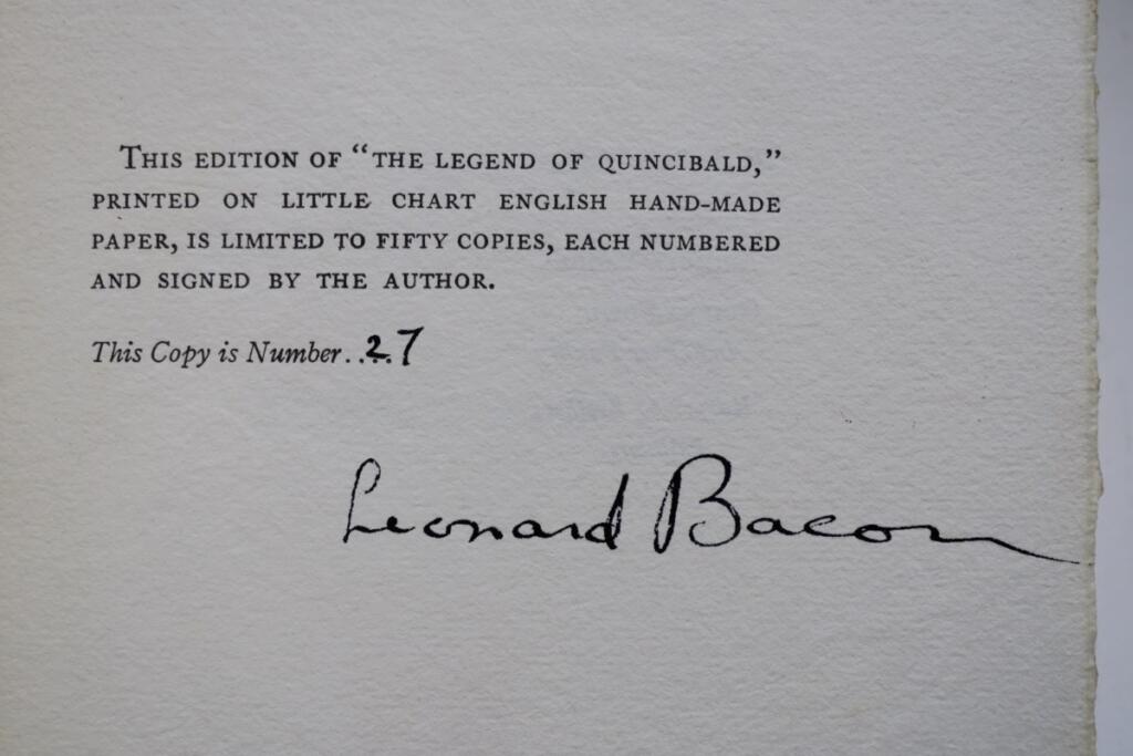 BACON, Leonard The Legend of Quincibald signed