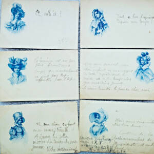 Belle époque 6 cartes-postales élégantes en bleu