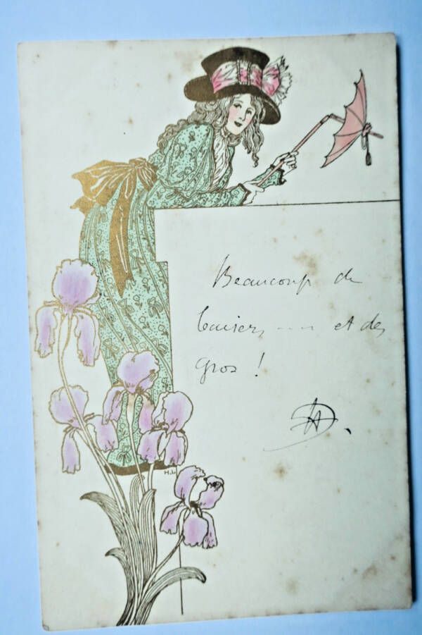 Belle époque belle carte dorée & signée H L
