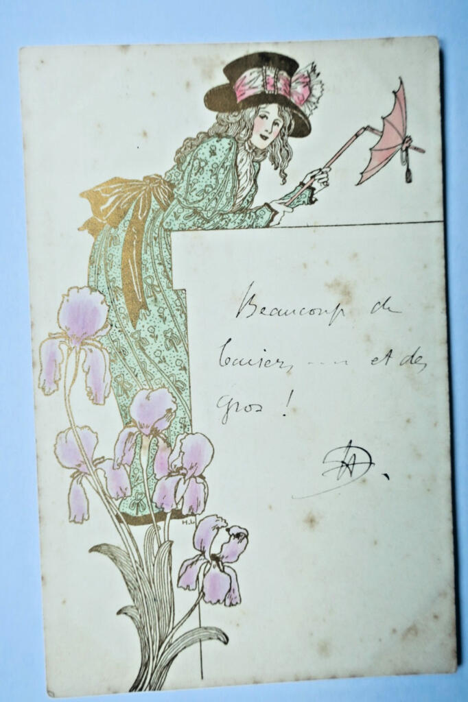 Belle époque belle carte dorée & signée H L
