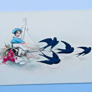 Belle époque carte gaufrée, motifs rehaussés de soie brodée 120 x 73 mm.