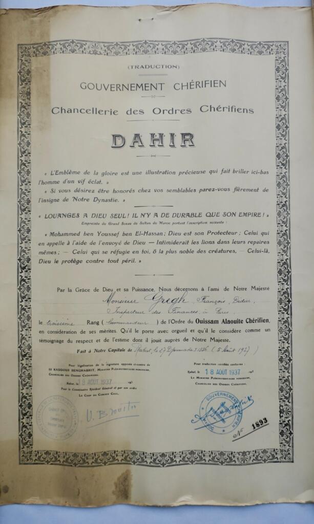 Moroccan Alaouite Order Commander Patent 1937