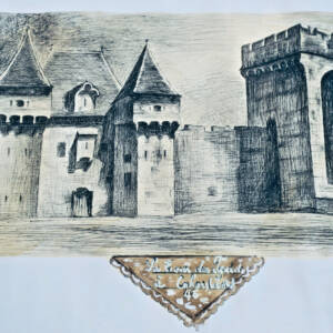 Cahors tour des Pendus 46 eau-forte M. Barres 48 x 31,5 cm