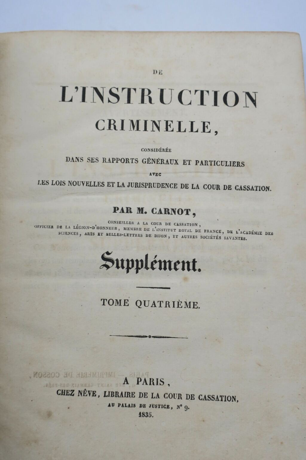 CARNOT (Joseph-François-Claude). De l’Instruction criminelle