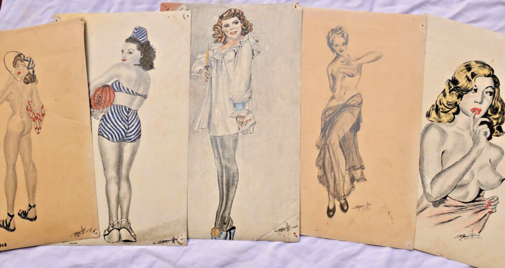 Curiosa original hand-drawn pin-up illustrations, dated and signed, 1948