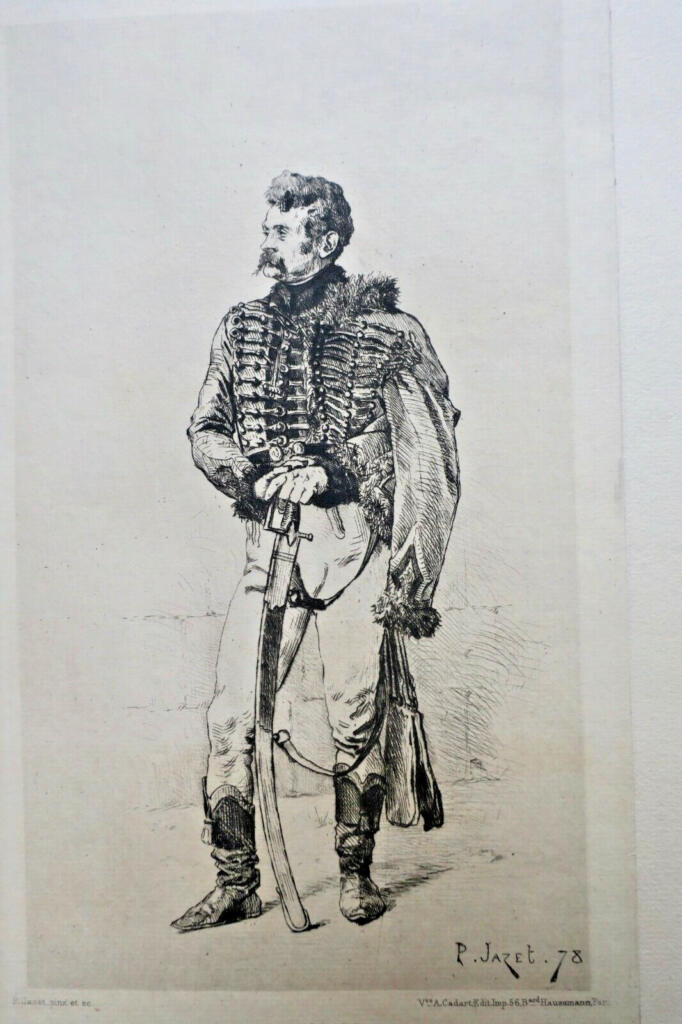Radierung eines Husaren von P. Jazet