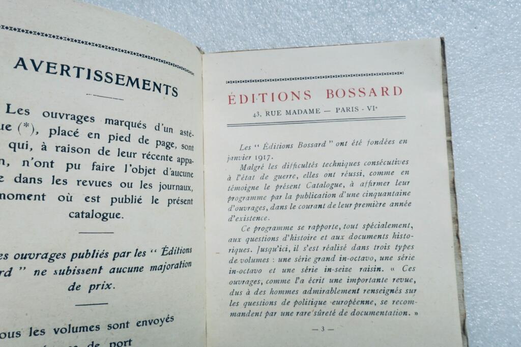 EDITIONS BOSSARD. CATALOGUE 1918
