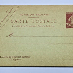 Entier postale 20 centimes SEMEUSE avec réponse VIERGE volet double