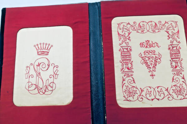 1882 leather document case with calligraphy and heraldry