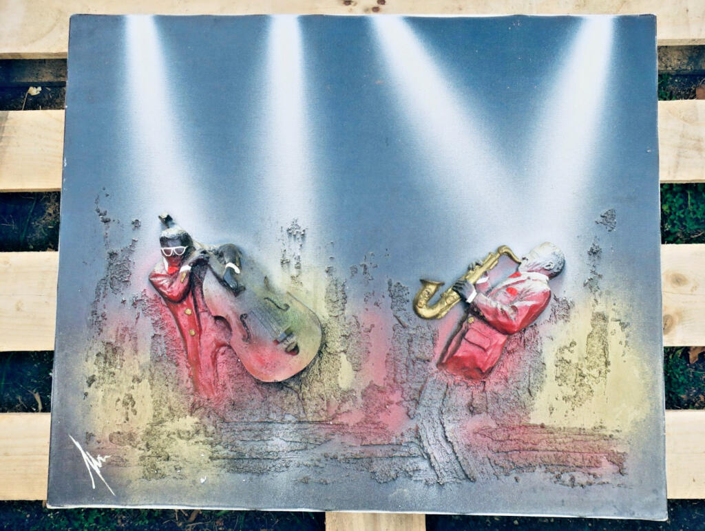 Jazz Saxophone et contrebasse Acrylique 65 x 54 cm. haut-relief