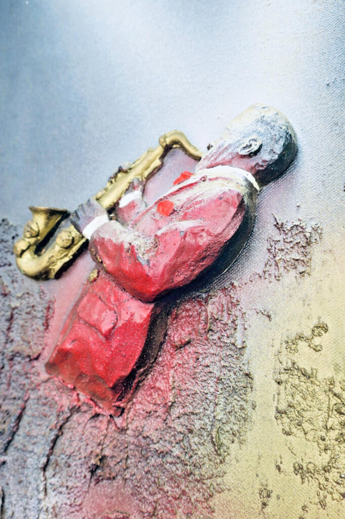 Jazz Saxophone et contrebasse Acrylique 65 x 54 cm. haut-relief