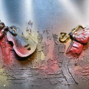 Jazz Saxophone et contrebasse Acrylique 65 x 54 cm. haut-relief