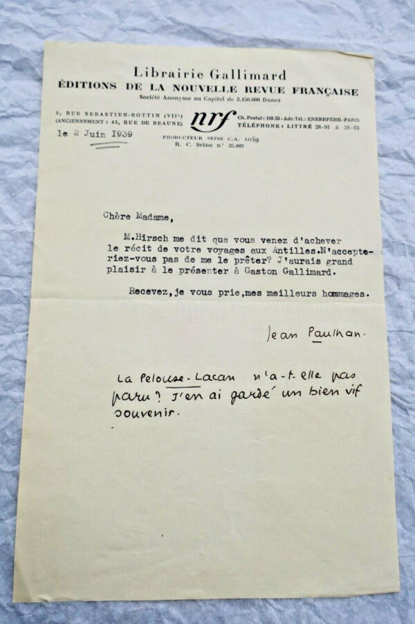 JEAN PAULHAN lettre tapuscrite & signée GALLIMARD