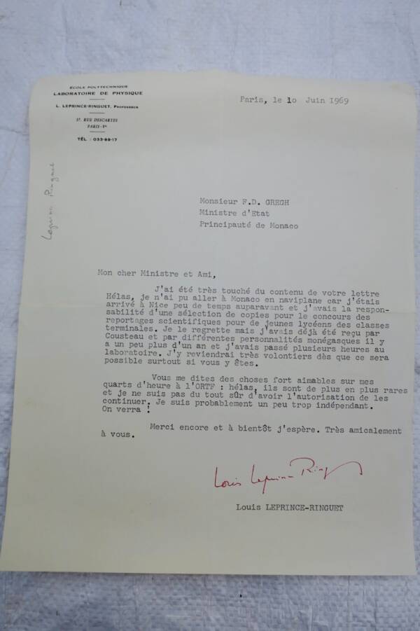 Signed letter by Leprince Ringuet