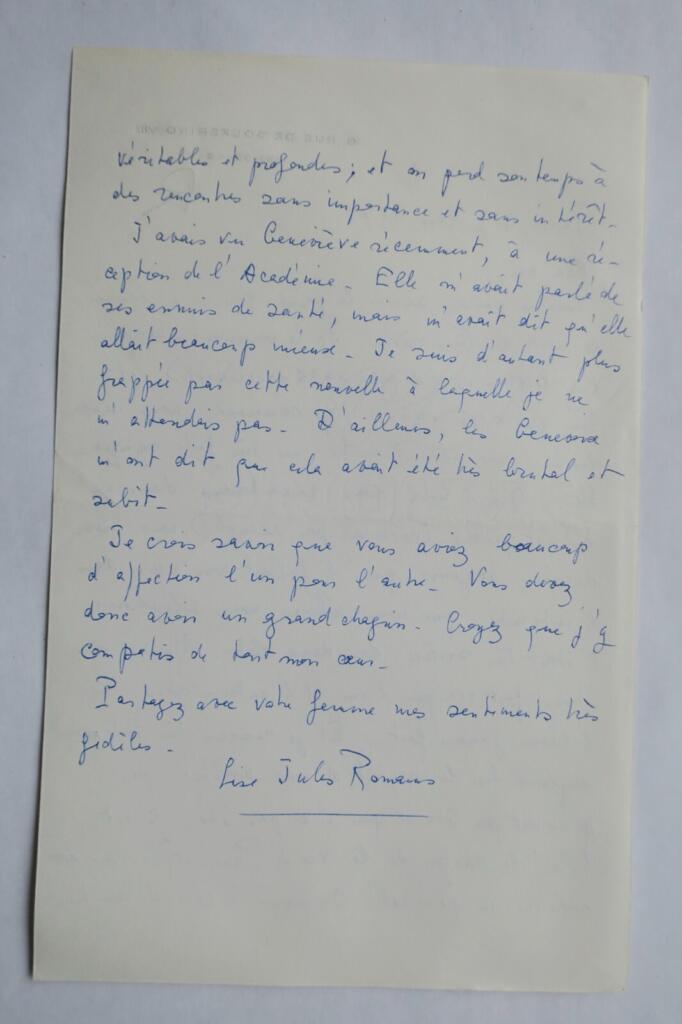 Autographed manuscript letter by Jules Romain