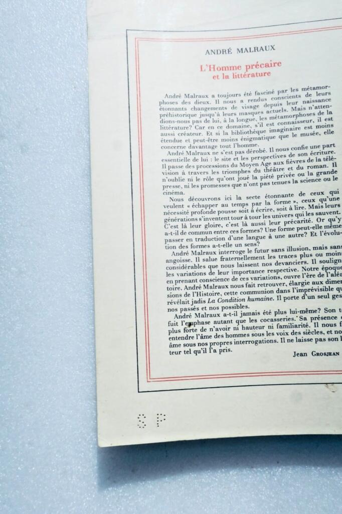 Malraux (André) L’Homme précaire et la Littérature SP