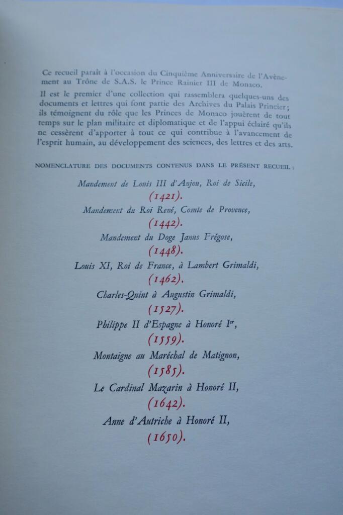 Monaco OLLIVIER Choix de lettres et documents historiques