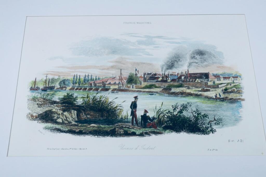 usine d&rsquo;Indret gravure sur acier rehaussée en couleurs