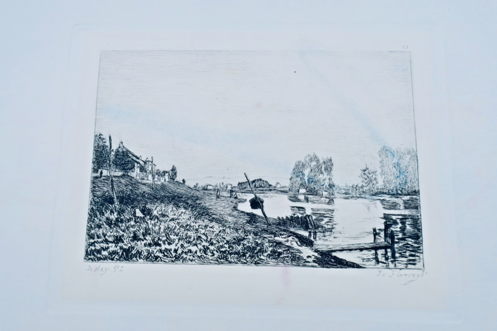 Riverbank etching by Flameng after Sisley