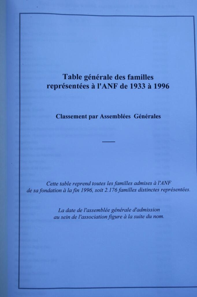 ANF table générale des familles représentées à l’ANF de 1933 à 1996 noblesse
