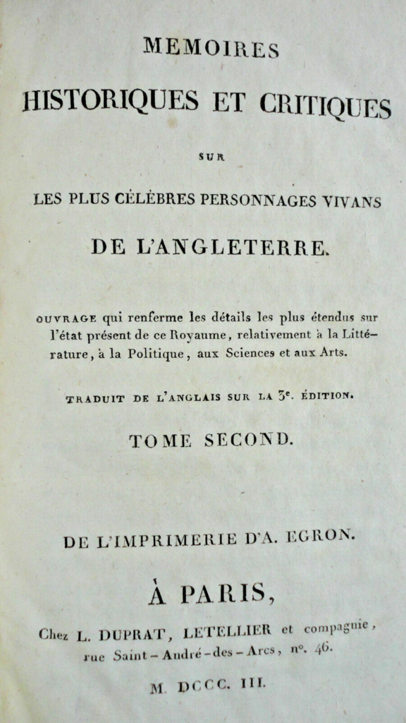 ANGLETERRE Mémoires historiques et critiques sur les plus célèbres 1803
