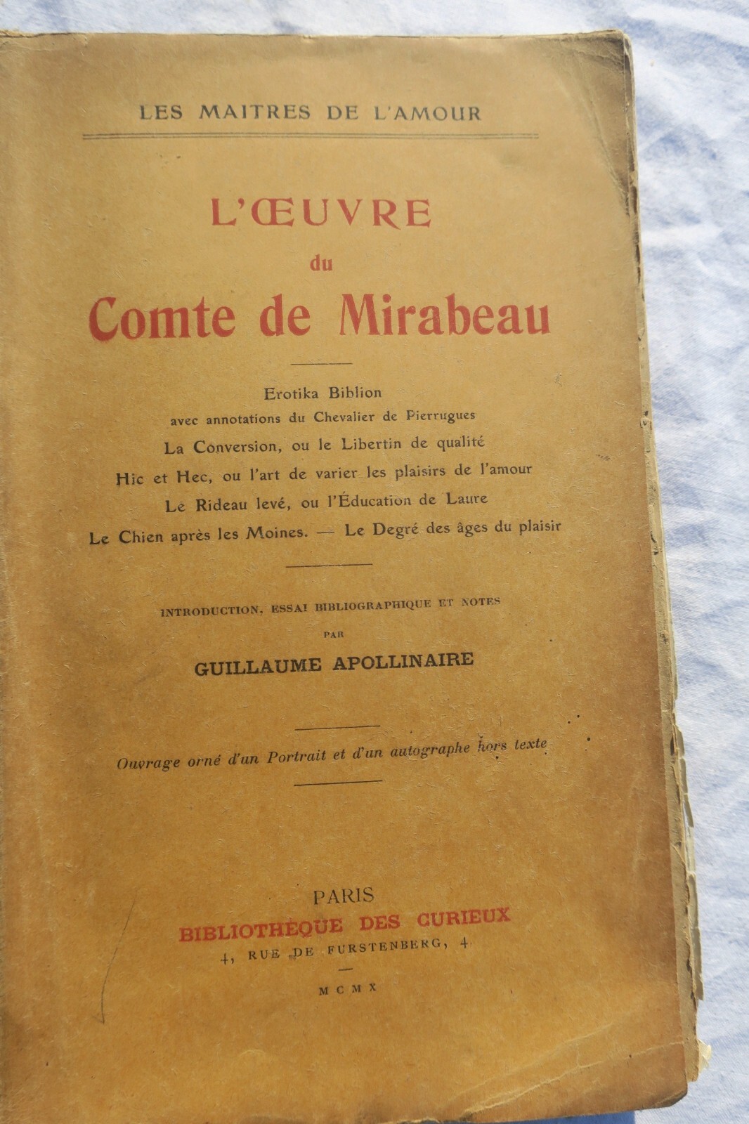 ミラボーの作品の探求<span class="lla-card-orig-wrap"><span class="lla-card-orig">❦ APOLLINAIRE L’Oeuvre du Comte de Mirabeau 1910 EO</span></span> - La Librairie Antique