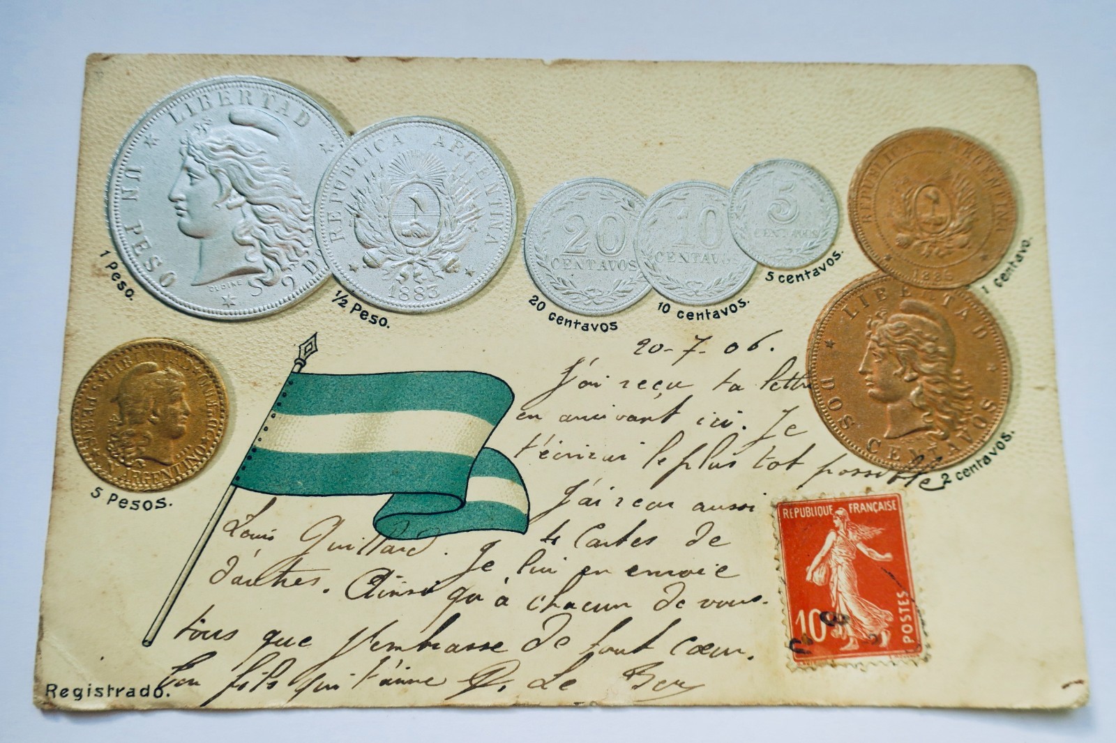 Argentine monnaie et pavillon national Gaufré/ relief PESO - La Librairie Antique