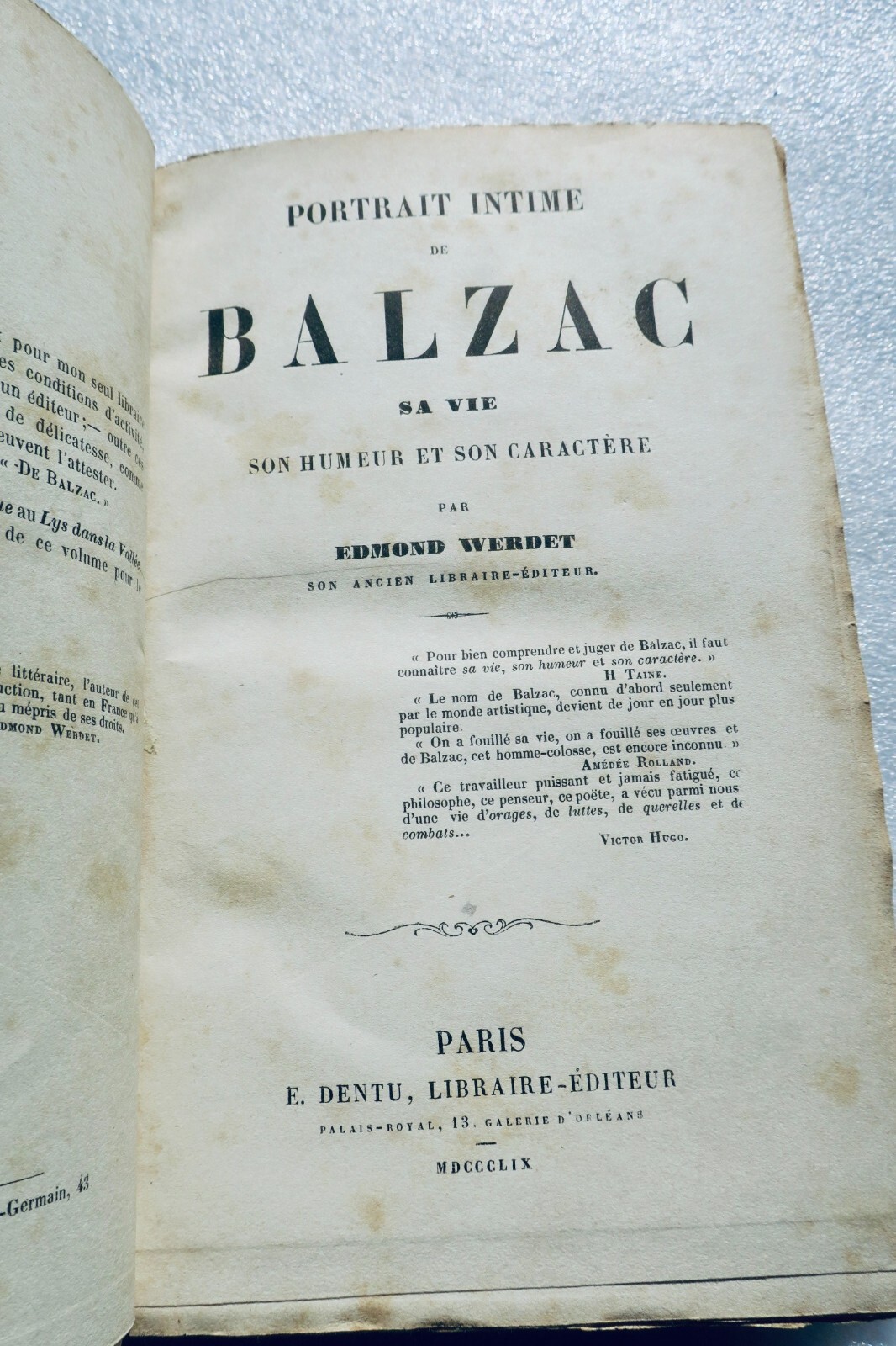 巴尔扎克生活与性格的洞察<span class="lla-card-orig-wrap"><span class="lla-card-orig">❦ Balzac PORTRAIT INTIME DE BALZAC, SA VIE, SON HUMEUR ET SON CARACTERE 1859</span></span> - La Librairie Antique