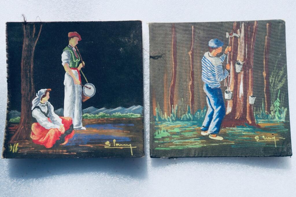 BASQUE 2 petites peintures sur tissus 110 x 110 mm.