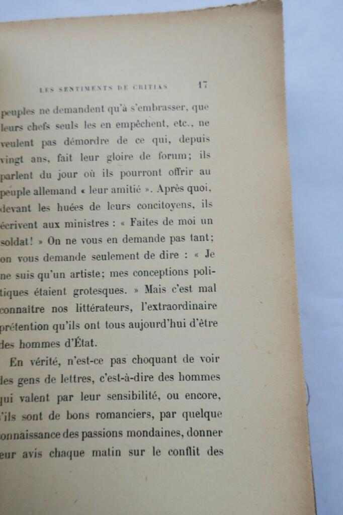 Benda Julien Les sentiments de Critias Emile Paul. 1917 + dédicace