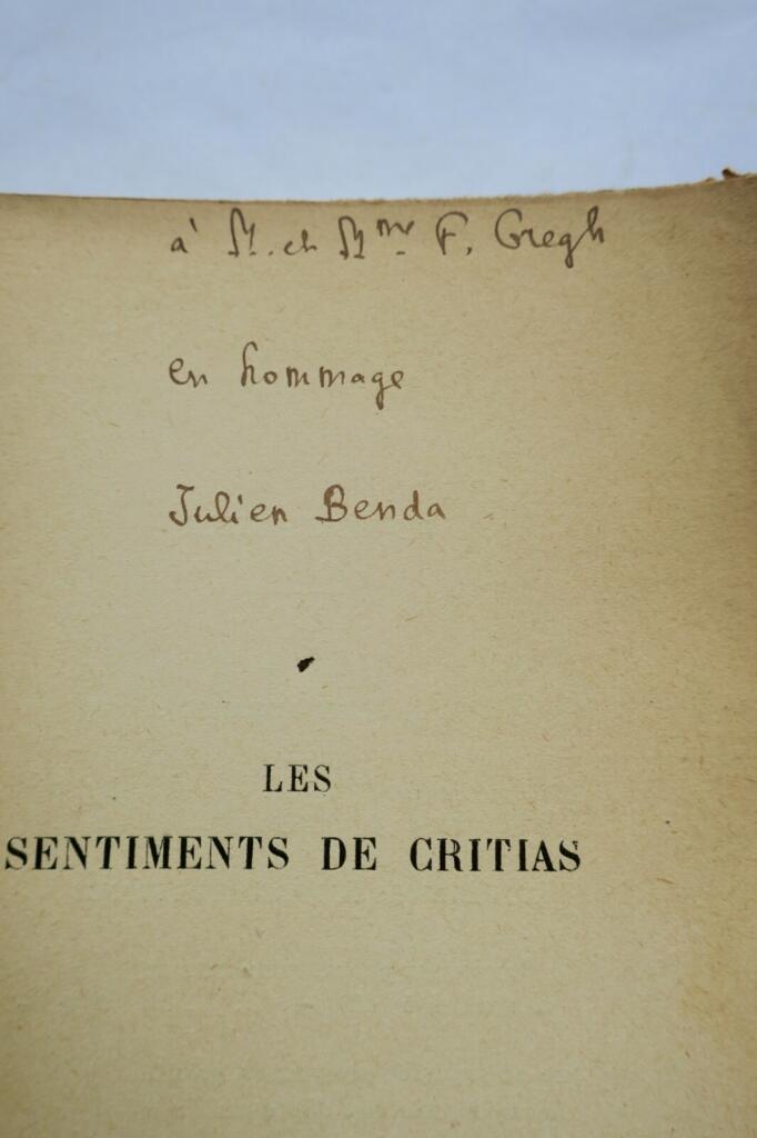 Benda Julien Les sentiments de Critias Emile Paul. 1917 + dédicace