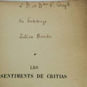 Benda Julien Les sentiments de Critias Emile Paul. 1917 + dédicace
