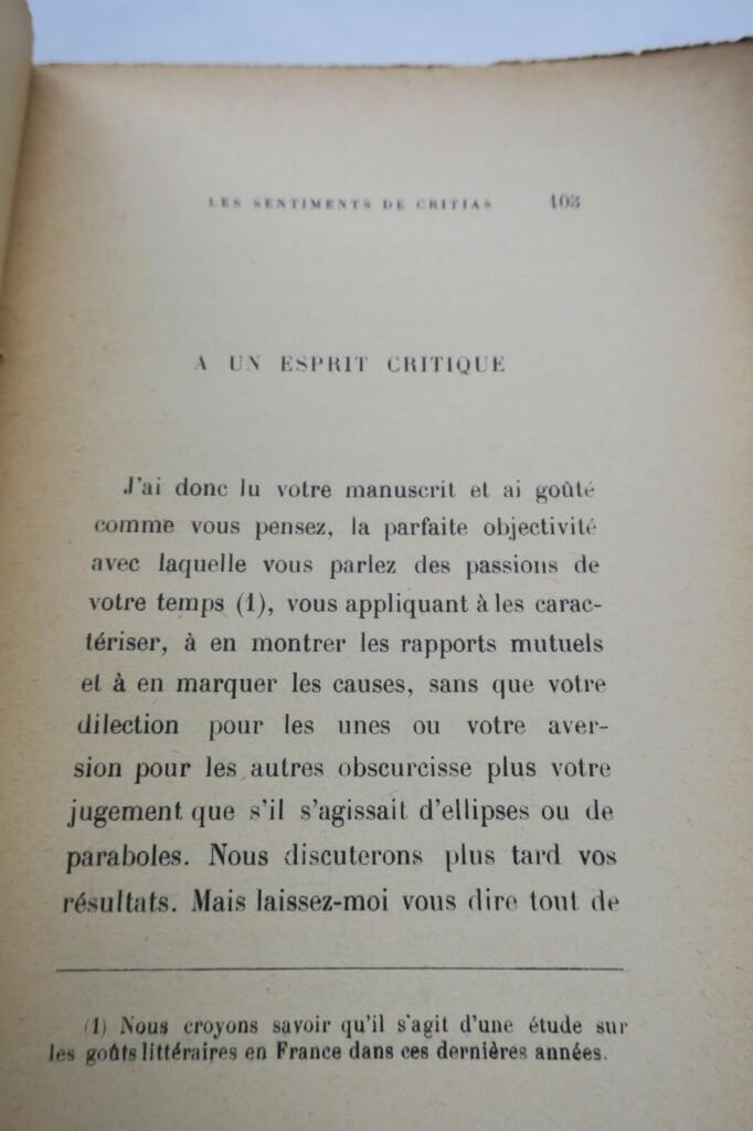 Benda Julien Les sentiments de Critias Emile Paul. 1917 + dédicace
