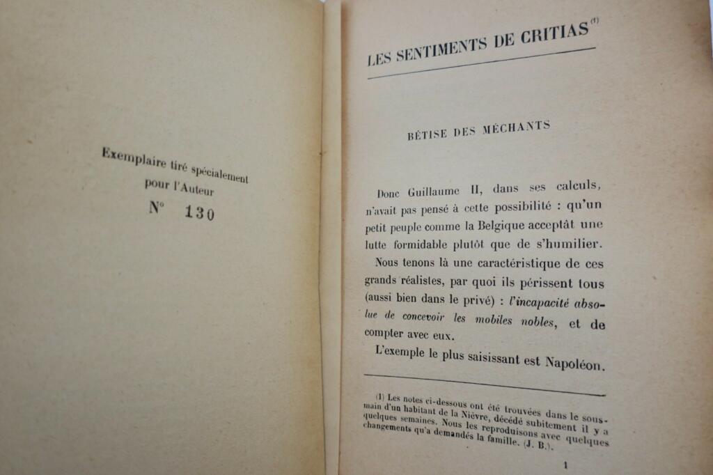 Benda Julien Les sentiments de Critias Emile Paul. 1917 + dédicace