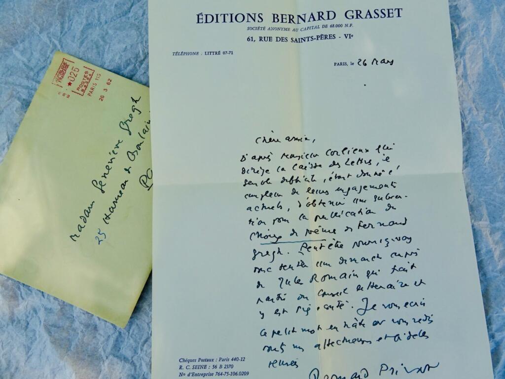 Signed letter by Bernard Privat