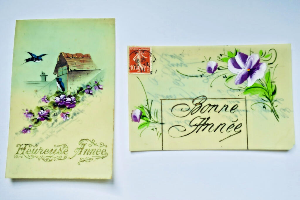 Bonne année Heureuse année 2 cartes peintes à la main translucides