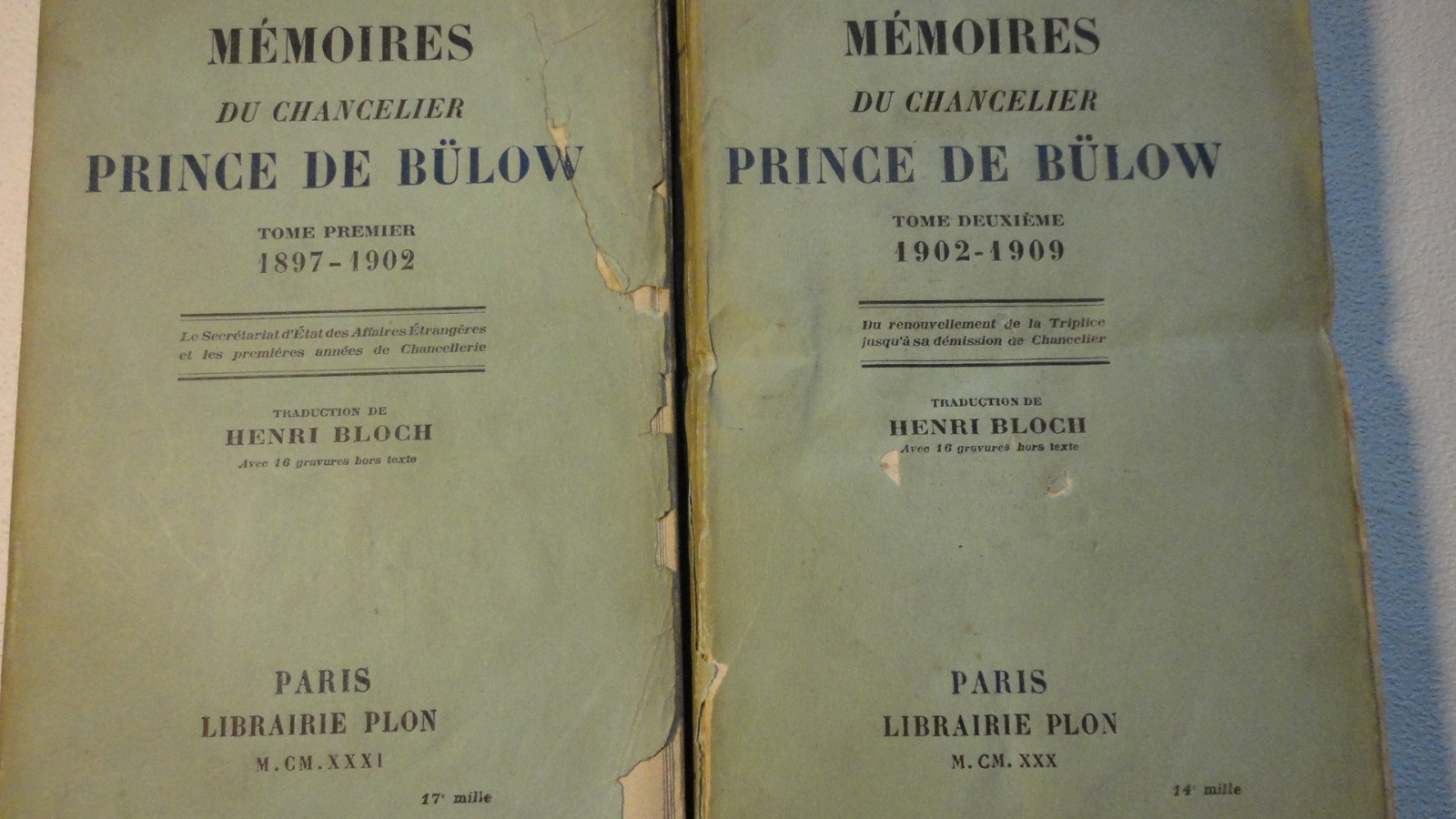 BÜLOW Mémoires du chancelier prince de Bülow (1849-1919).