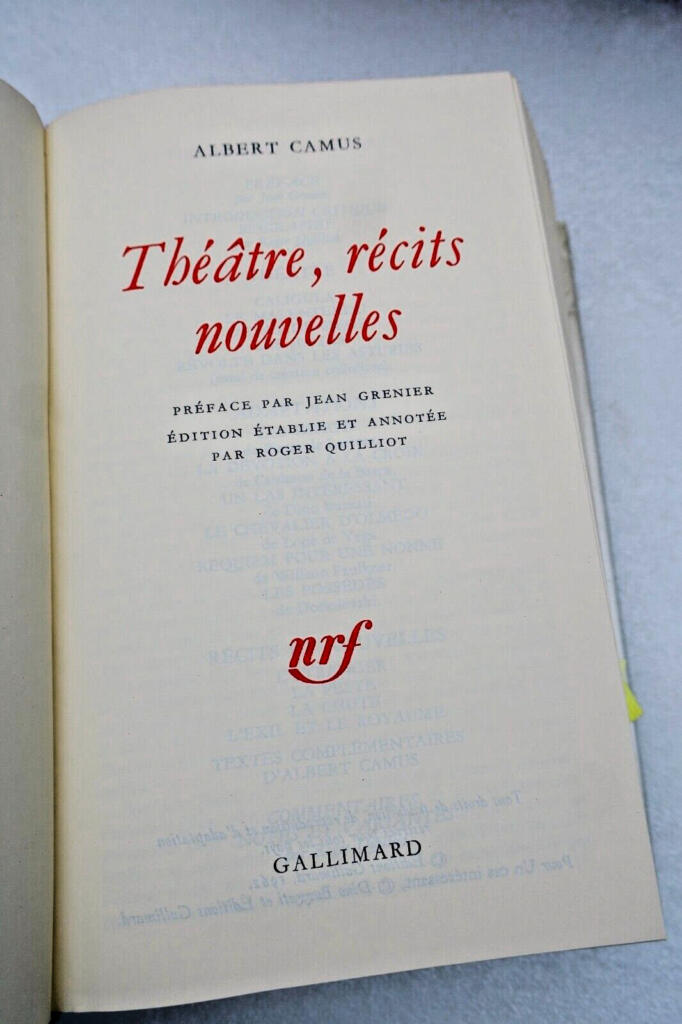 CAMUS Albert Théatre. Récits. Nouvelles. Préface par Jean Grenier